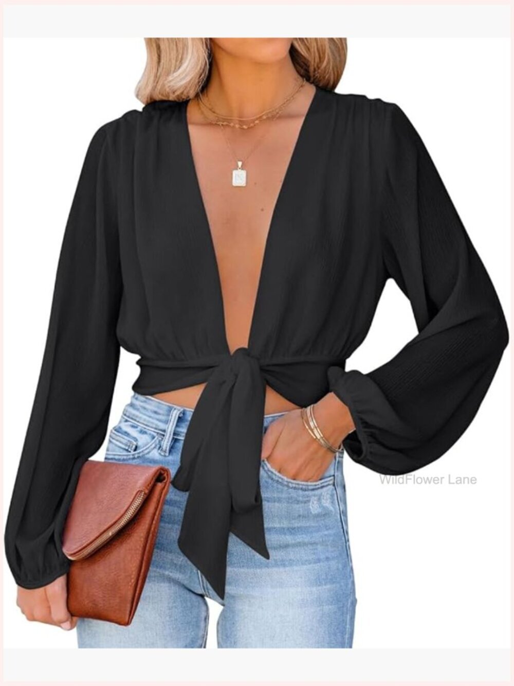 Deep V Neck Tie Front Knot Sexy Wrap Crop Top Blouse Women's Long Sleeve